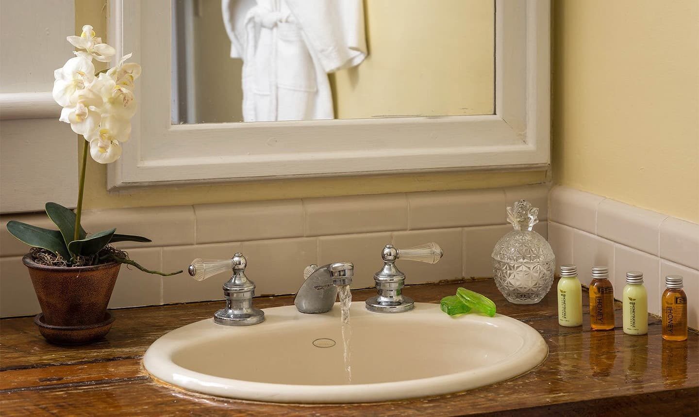 Closeup of bathroom sink in Chowan Room