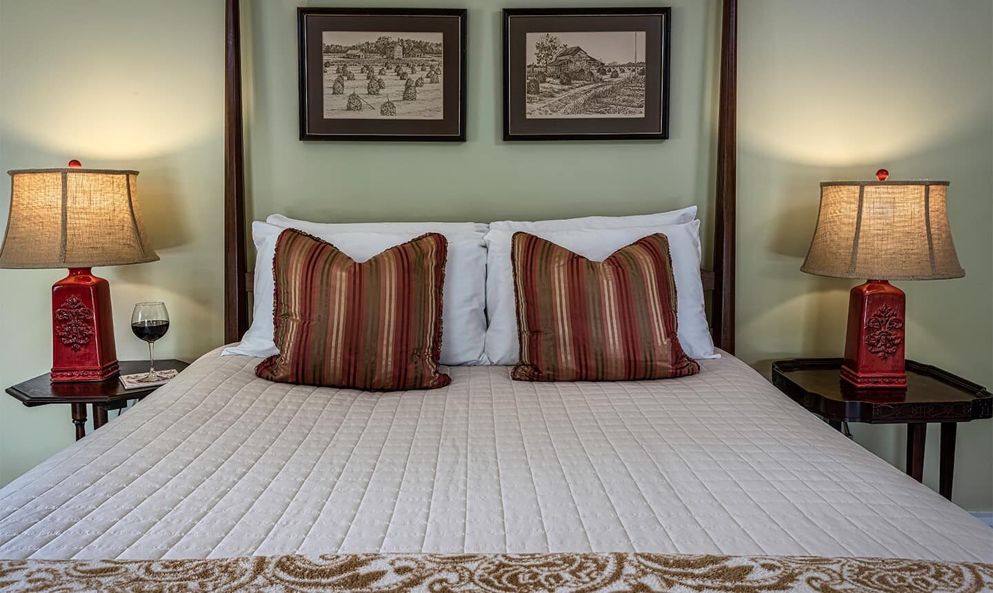 closeup of bed in King Suite of The Pack House