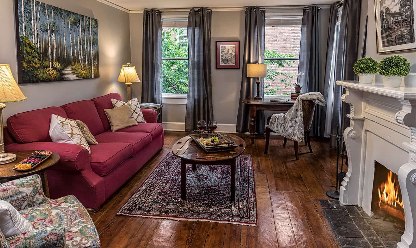 Living Room with Fireplace in Satterfield Superior King Suite