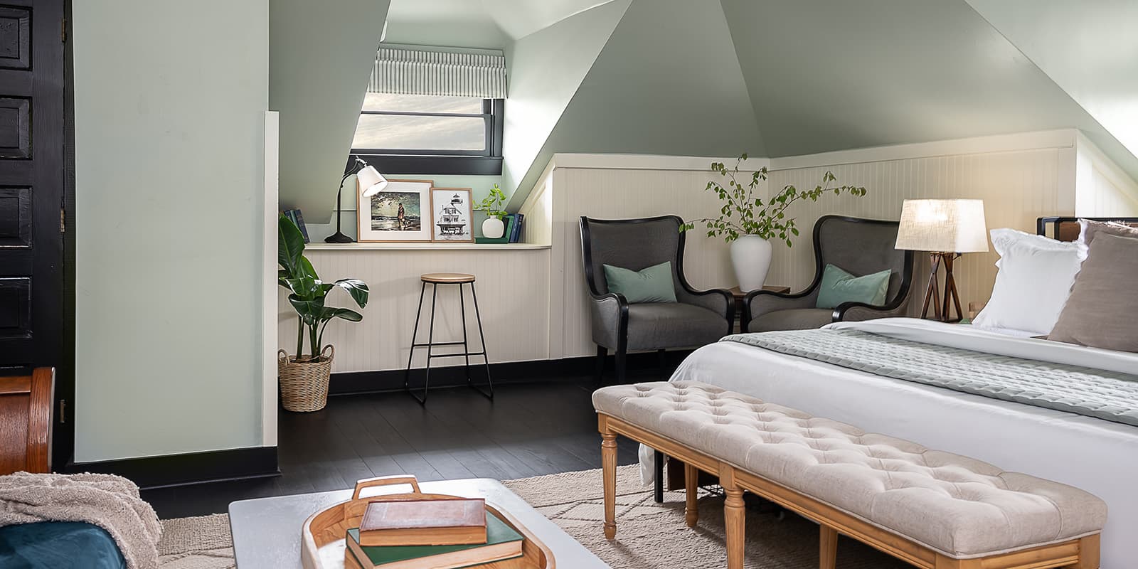 Bed, Chairs, bench, and more in The Loft Suite