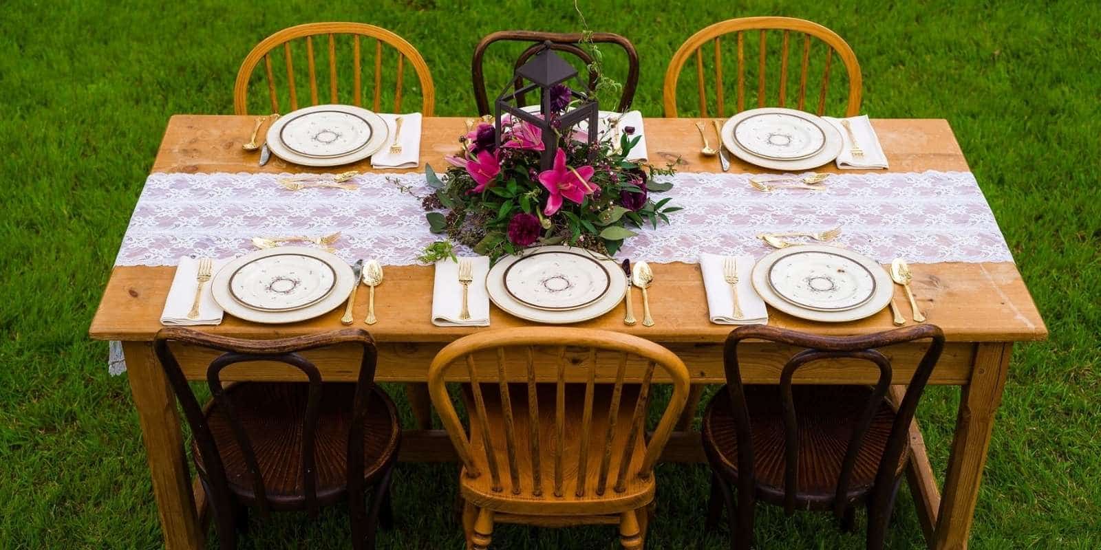 Dining table set up for post-wedding brunch at Inner Banks Inn.