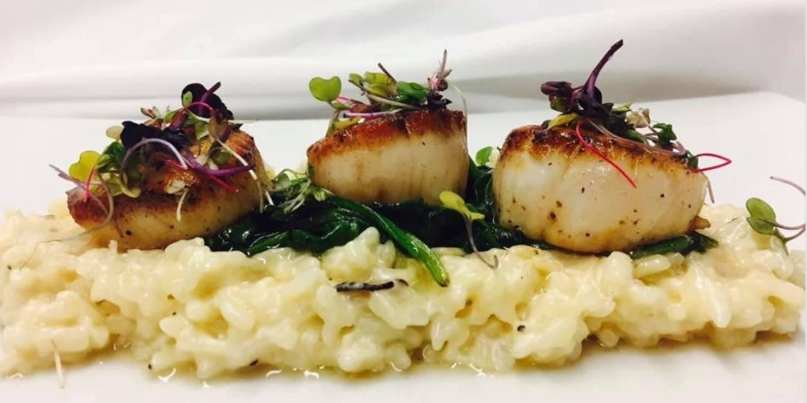 NC Seared scallops over a bed of creamy risotto from a restaurant in Edenton NC