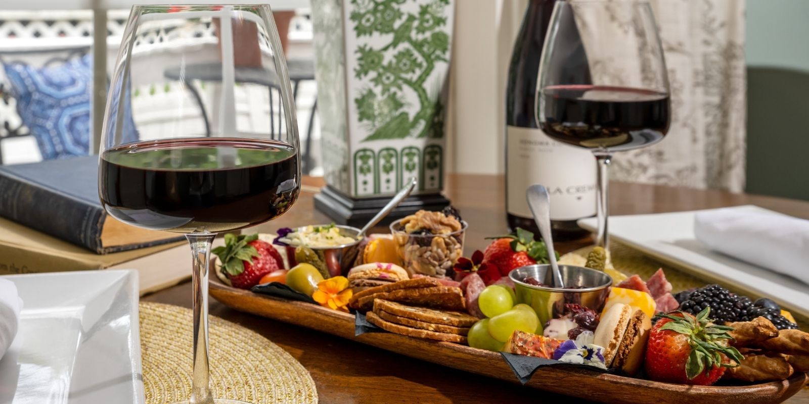 A cheese platter and wine from Inner Banks Inn