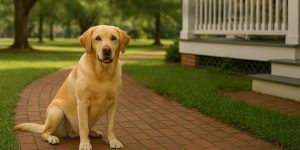 A yellow lab dog sitting next to the front porch at Inner Banks Inn, a pet friendly bed and breakfast in Edenton, NC.