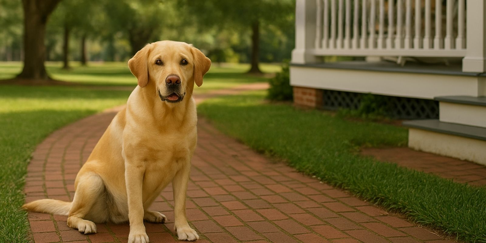 A yellow lab dog sitting next to the front porch at Inner Banks Inn, a pet friendly bed and breakfast in Edenton, NC.