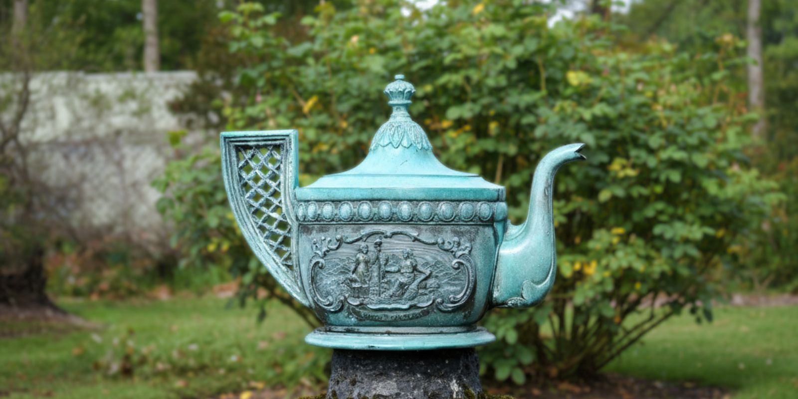 Bronze teapot statue in Edenton, NC commemorating the Edenton Tea Party