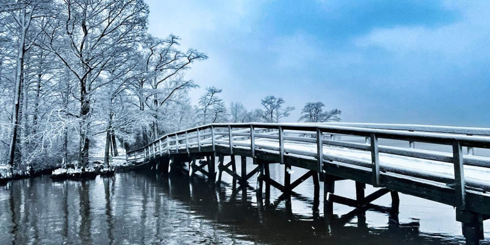 A snow-covered bridge on a walking trail in Edenton, NC