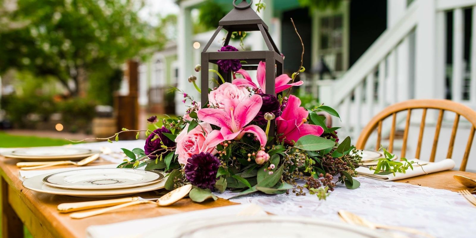 An outdoor table set up at our NC Wedding venue for a rehearsal dinner.